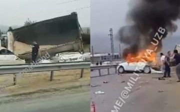 В Ташобласти в результате аварии загорелся автомобиль 