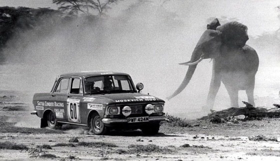 Afrika fili va "Moskvich" sovet avtomobili. Keniya, 1975-yil