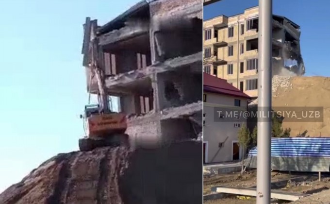 В Джизаке начали сносить обрушившееся шестиэтажное здание