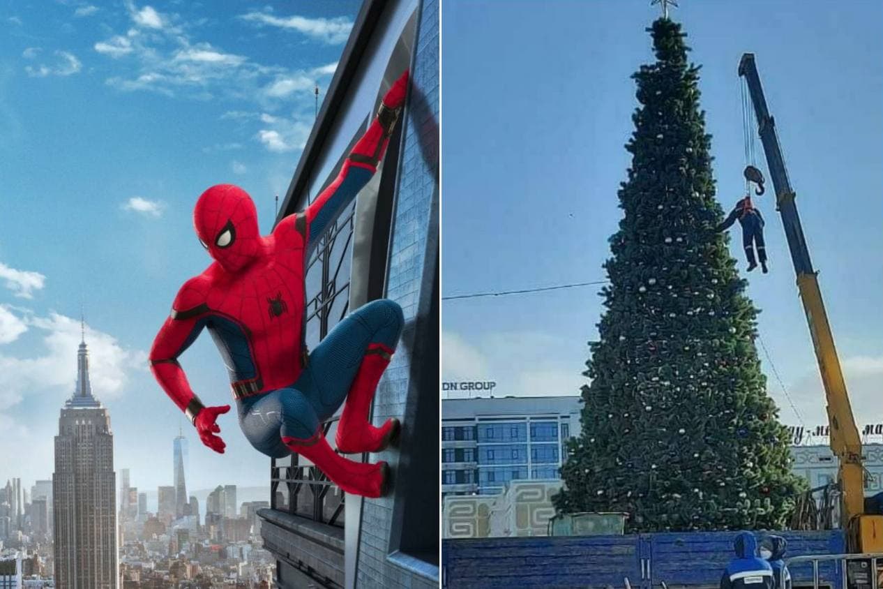 Казахстанца, украшавшего на улице новогоднюю ёлку сравнили с человеком пауком - фото