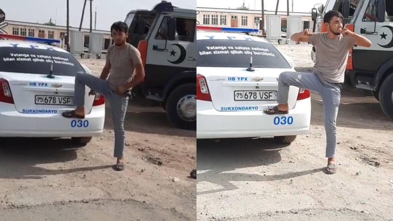В Сурхандарье «крутой» тиктокер поставил ногу на бампер машины ДПС (видео)
