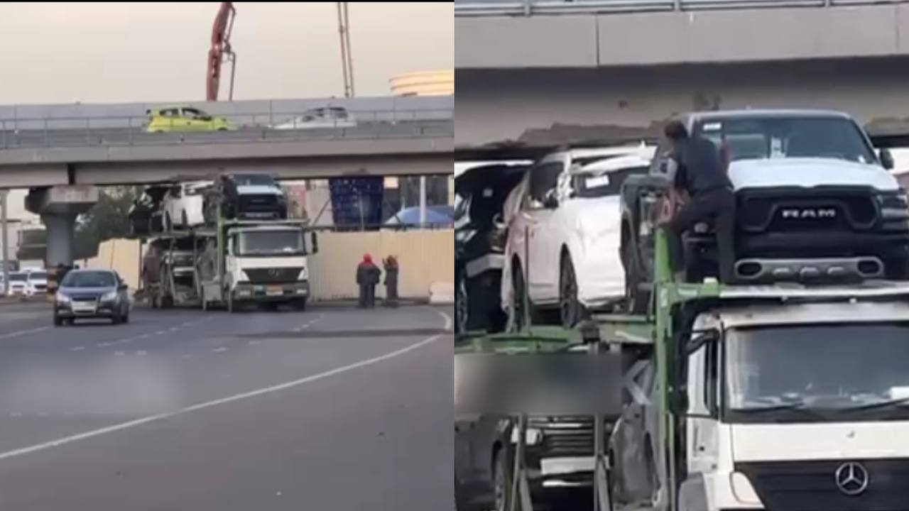 В Ташкенте автовоз с дорогими автомобилями застрял под мостом