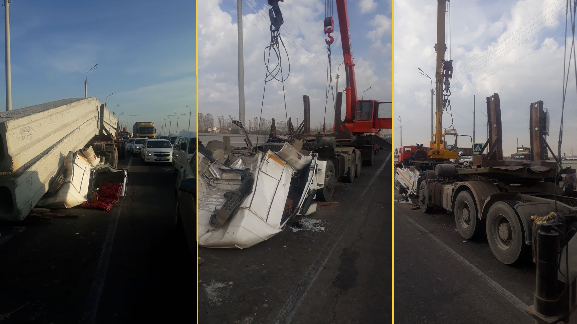В Ташкенте кабину грузовой машины «уничтожила» бетонная плита - видео