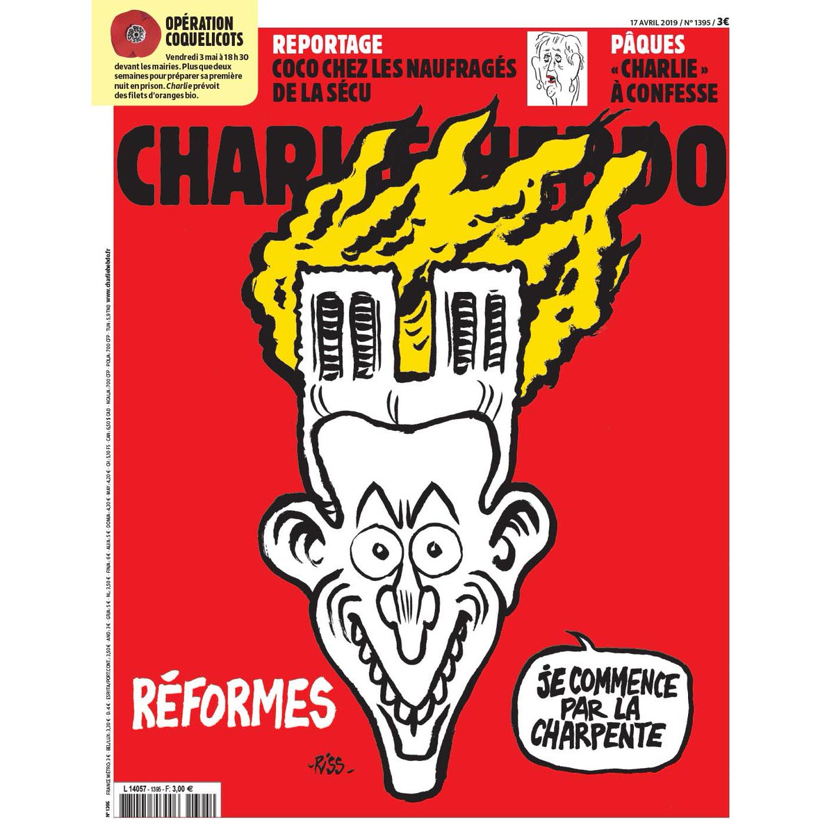 Французский сатирический еженедельник Charlie Hebdo так же не обошел вниманием пожар в соборе.  На опубликованной в Twitter обложке изображено зловеще улыбающееся лицо президента республики Эммануэля Макрона, а вместо волос у него - горящий Нотр-Дам-де-Пари. Рядом с карикатурой написано 