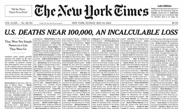 The New York Times на первой полосе поименно назвала тысячу умерших от коронавируса