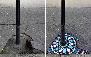 Уличный художник из Франции латает дорожные ямы и выбоины на тротуарах мозаиками 