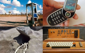 Cho'lda o'rnatilgan telefon butkasi, 1976-yilda ixtiro qilingan birinchi Apple kompyuteri va taxminan 2000 yillik odam suyaklari. Dunyo tarixi — suratlarda