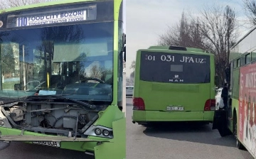 Toshkentda Mercedes-Benz va MAN yo'lovchi avtobusi o'rtasida to'qnashuv sodir bo'ldi