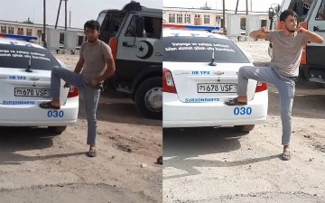 В Сурхандарье «крутой» тиктокер поставил ногу на бампер машины ДПС (видео)
